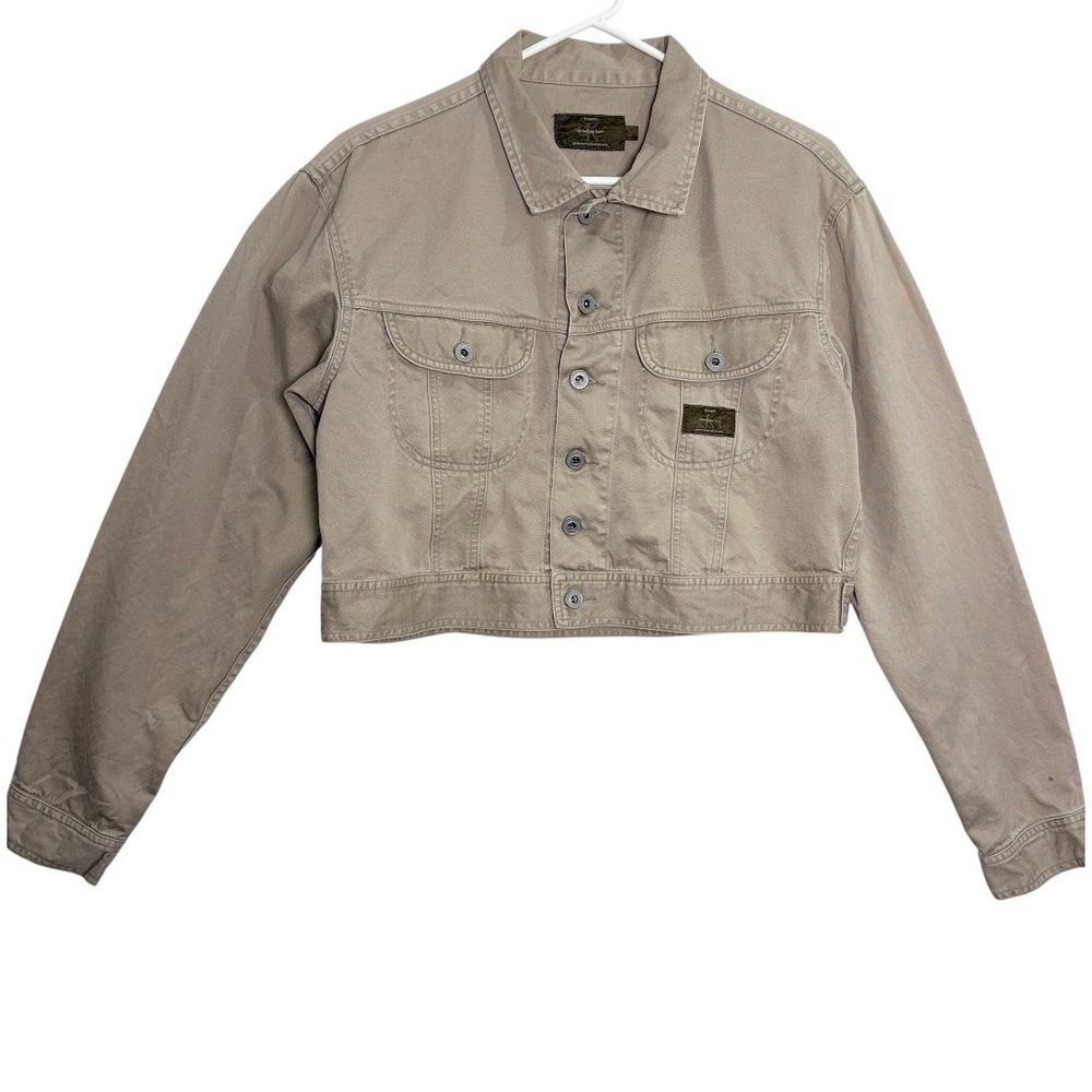Calvin Klein‎ Jeans Cropped Jacket Women L Tan Khaki Cotton Twill
